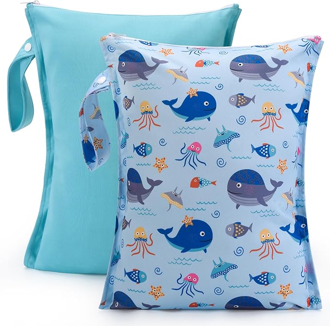 2pcs Cloth Diaper Mess-proof Wet Bags,Waterproof Reusabel Travel Storage Stroller Daycare Soiled Baby Items Beach Pool Yoga Gym Bag for Wet Toddler Swimsuits -Dolphin,Blue