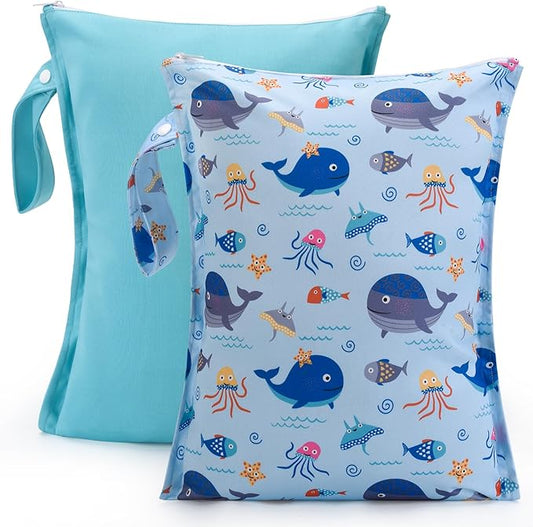 2pcs Cloth Diaper Mess-proof Wet Bags,Waterproof Reusabel Travel Storage Stroller Daycare Soiled Baby Items Beach Pool Yoga Gym Bag for Wet Toddler Swimsuits -Dolphin,Blue