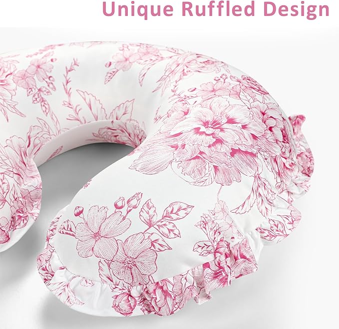 DILIMI Nursing Pillow Cover, Removable Ruffled Pillowcase for Breastfeeding Pillows, Ultra Soft Comfortable Slipcover for Baby Girl and Boy, Pink Floral