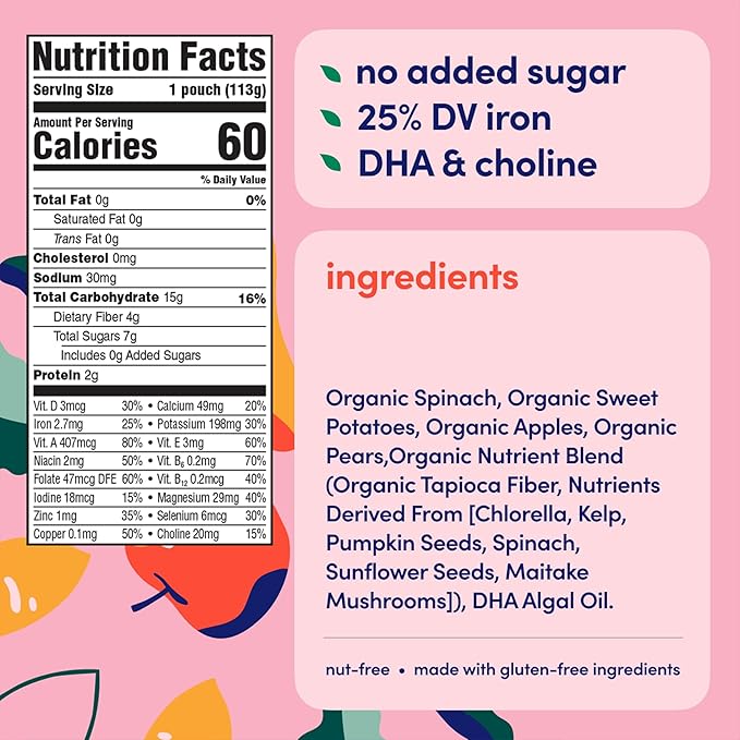 Cerebelly Organic Baby Food Pouches, Spinach Apple Sweet Potato Purees, 16 Nutrients, No Added Sugar, Fiber & Non-GMO, 4oz, 12 Pack