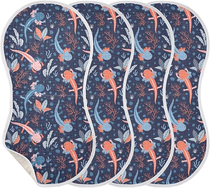 Muslin Burp Cloths for Baby Boys and Girls - 4-Pack Ultra Absorbent Cartoon Axolotl Muslin Washcloths, Newborn Towel, Milk Spit Up Rags, Burp Cloth Bib for Unisex, 22 x 11 Inch
