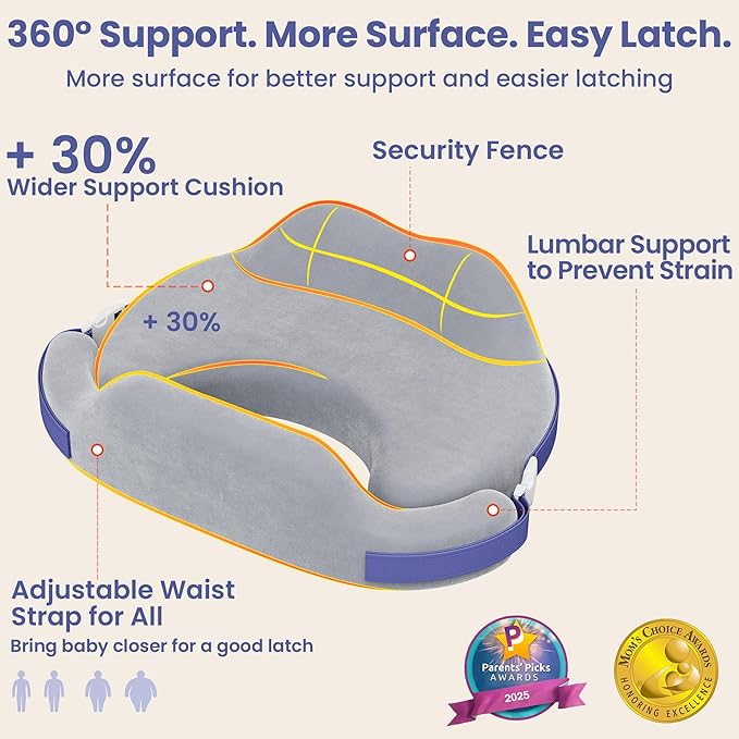 MOMFANN Nursing Pillow for Breastfeeding, 60D Firm Memory Foam, Ergonomic Lumbar Support & Safety Fence, Wider Cushion for Back Pain Relief, Adjustable Strap, Removable Machine Washable Cover -Gray