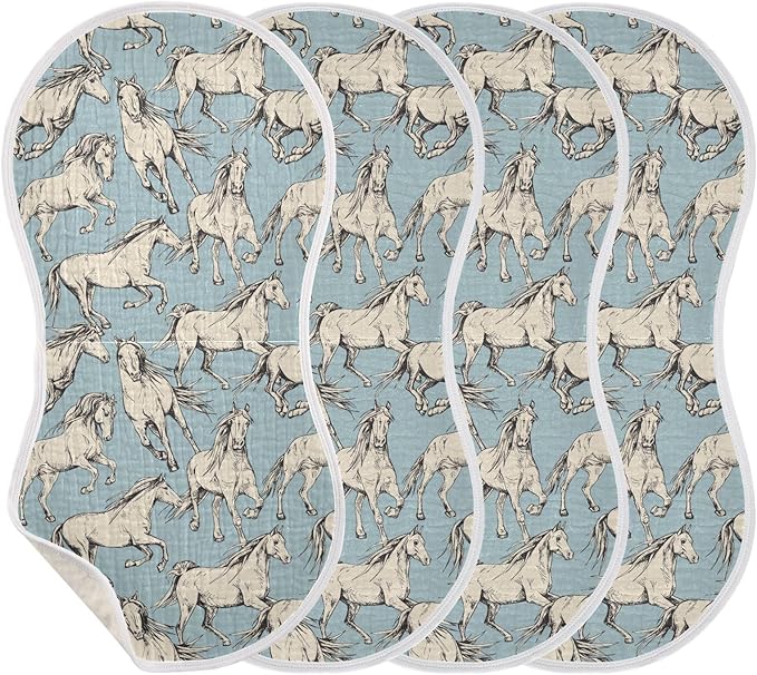Muslin Burp Cloths for Baby Boys and Girls - 4-Pack Ultra Absorbent Beige Horses Muslin Washcloths, Newborn Towel, Milk Spit Up Rags, Burp Cloth Bib for Unisex, 22 x 11 Inch