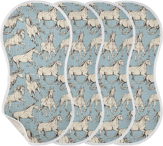 Muslin Burp Cloths for Baby Boys and Girls - 4-Pack Ultra Absorbent Beige Horses Muslin Washcloths, Newborn Towel, Milk Spit Up Rags, Burp Cloth Bib for Unisex, 22 x 11 Inch