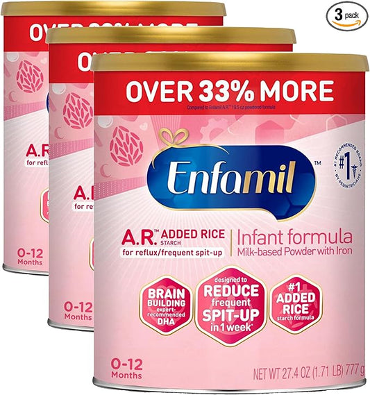 Enfamil A.R. Infant Formula, Proven to Reduce Reflux & Spit-Up in 1 Week, with Iron, DHA for Brain Development, Probiotics for Digestive & Immune Health, Powder Can, 27.4 Oz (Pack of 3)