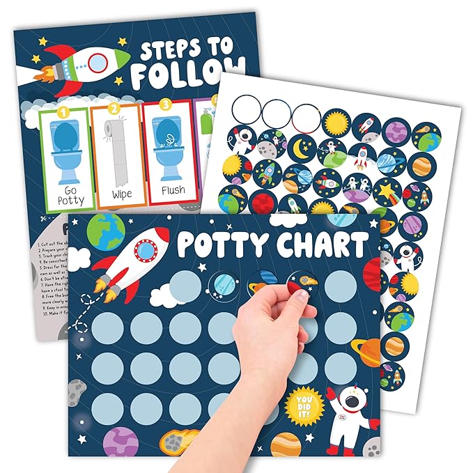 Hadley Designs Potty Training Chart for Toddlers Boys -10 Sticker Potty Chart for Toddlers Boys, 8.5x11" Potty Training Sticker Charts for Toilet Success, Space Toddler Reward Chart for Kids