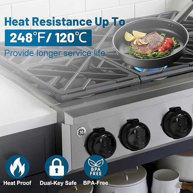 Childproof Stove Knob Covers, Oven Knob Covers for Child Safety 5 Pack, Black Stove Knob Safety Covers & Gas Stove Locks, Heat-Resistant Adhesive, Double-Key Baby Proof Covers for Gas/Electric Burners