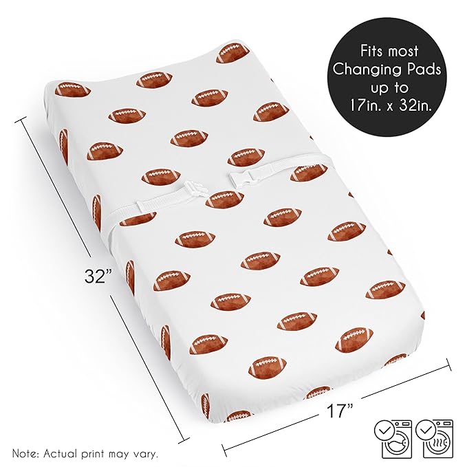 Sweet Jojo Designs Baby Changing Pad Cover Sheet (Brown and White Football) for Boys, Infant/Newborn Diaper Change Table Mat Covers (for the Sports Theme, Watercolor, Vintage Sport Themed Collection)