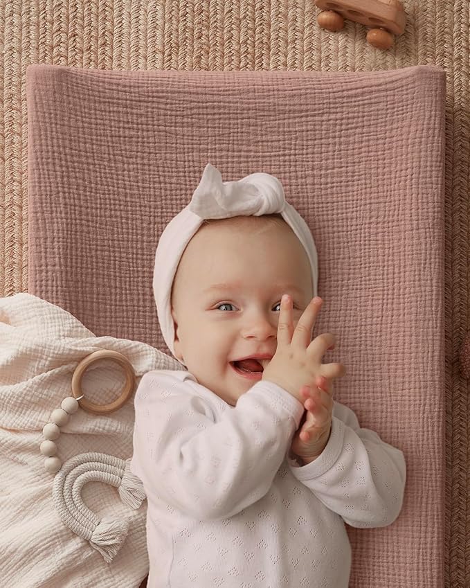 Blissful Diary Muslin Changing Pad Cover for Baby Girls, Ultra Soft Breathable Cotton, Baby Diaper Change Table Pad Covers, 2Pack (Checkered Pink & Dusty Pink)