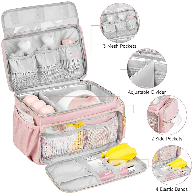 Breast Pump Bag Compatible with Spectra S1 and S2 with Insulated Compartment,Breast Pump Storage Bag with Water Resistant Mat for Pumping Essentials,Pink,Bag Only