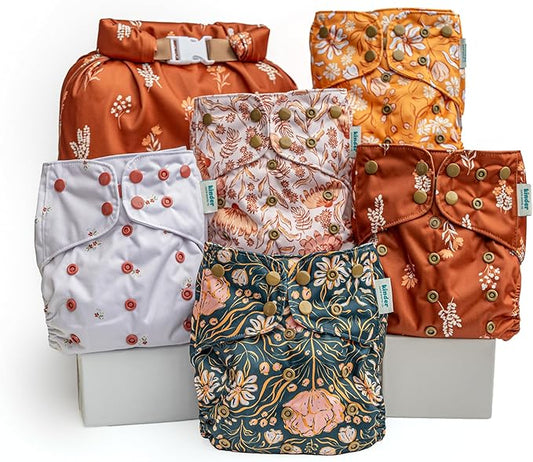 Kinder Cloth Diapers Reusable Baby Diapers Pocket Style Athletic Wicking Jersey, Wet Bag, Newborn to Potty Training 7-60lbs, One Size, Inserts NOT Included (Boho Florals, 5 Pack, Without Inserts)