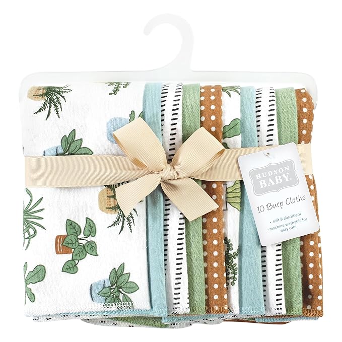 Hudson Baby Unisex Baby Cotton Flannel Burp Cloths, Plants 10 Pack, One Size