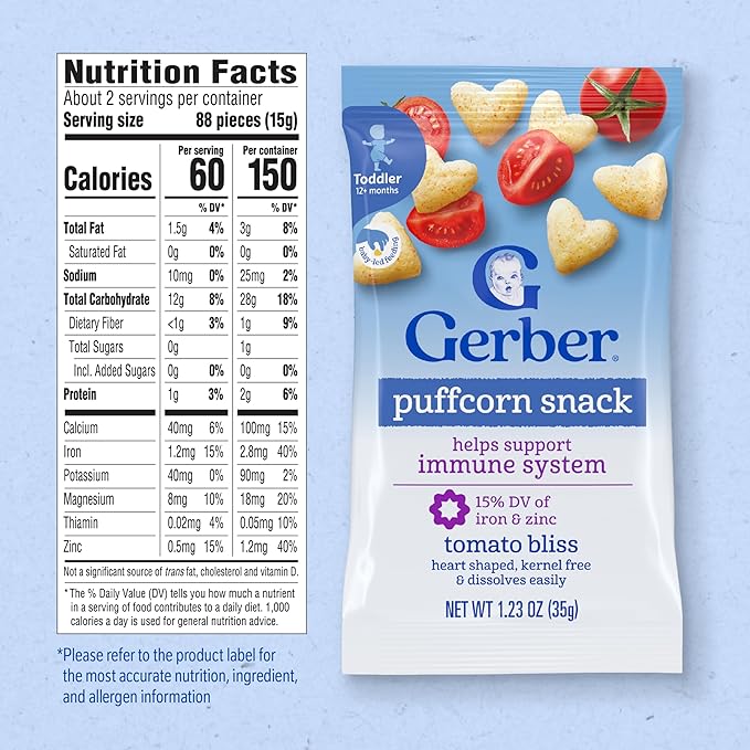 Gerber Toddler Snacks, Snacks for Kids, Kernel Free, Heart Shaped Puffcorn Snack, Tomato Bliss Flavor, Zinc and Iron Helps Support Immune System, 7-Pack