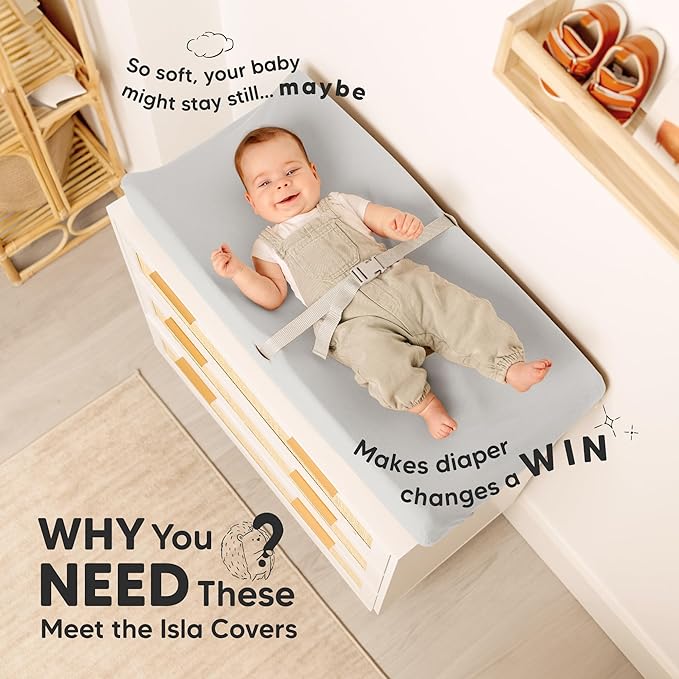 2-Pack Baby Changing Pad Cover for Girl, Boy - 34x18 Soft Viscose Derived from Bamboo Baby Diaper Changing Table Pad Cover Sheets, Neutral, Snug Fit Nursery Diaper Change Sheets (French Gray)