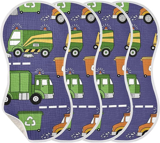 Garbage Trucks Cars Burp Cloths Baby Boys Girls Absorbent Soft Cotton Burping Cloths Rags 4 Pack