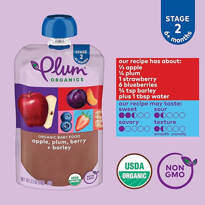 Plum Organics - 6+ Months Organic Baby Food - Apple, Plum, Berry, & Barley - Non-GMO - Fruit Blends On-The-Go Pouches for Baby & Toddler Meals - Quality Tested Ingredients - 3.5 oz (Pack Of 12)