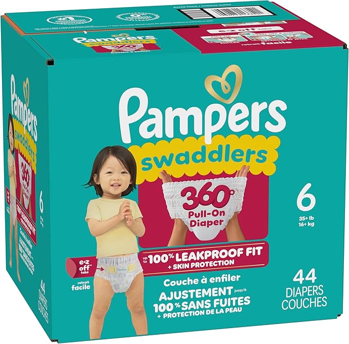 Pampers Diapers - Swaddlers 360° - Size 6, 44 Count, up to 100% Leakproof Comfy Dry Fit, Designed for Easy Changes, Pull On Baby Diaper (Packaging May Vary)