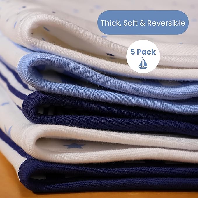Tom Tom's Kids + Baby Organic Baby Burp Cloths 5 Pack - GOTS Certified Organic Cotton, Contoured Figure-8 Design, Extra Absorbent, 22x11 in, Newborn Burp Rags for Baby Boys, Navy and French Blue