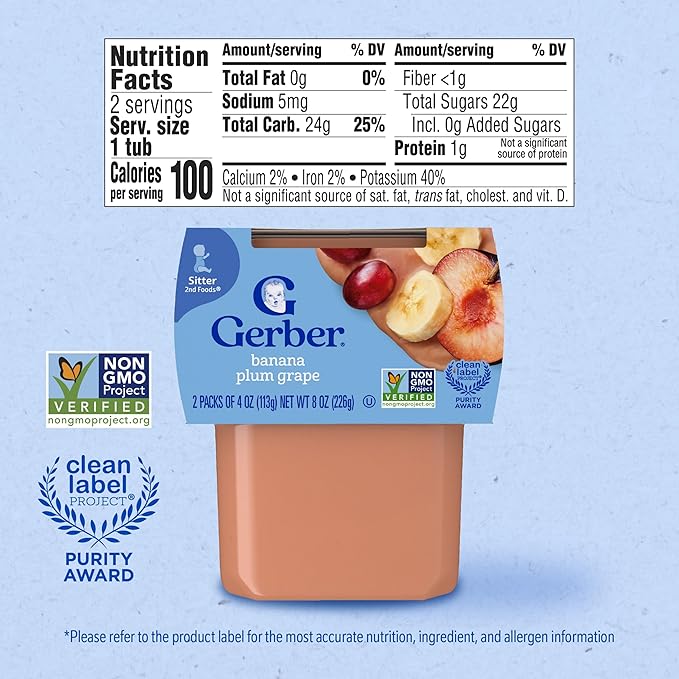 Gerber Stage 2 Baby Food, Banana Plum Grape Puree Tubs, No Artificial Colors or Flavors, Baby Puree, 2-Pack
