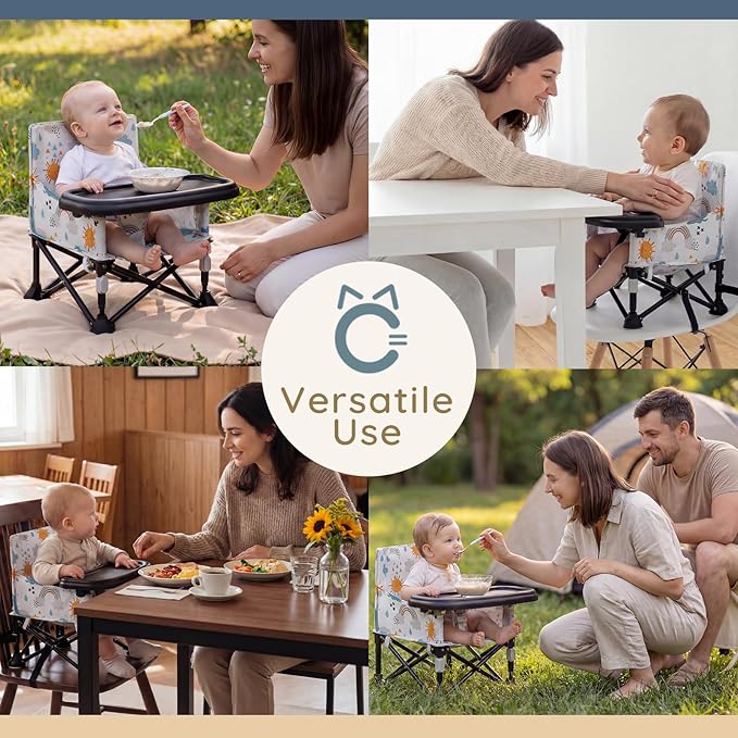 Toddler Booster Seat for Kitchen Chair & Travel - Portable Foldable with Removable Tray, Baby Camping Chair 6-36 Months Indoor Outdoor (White Cloud Design)