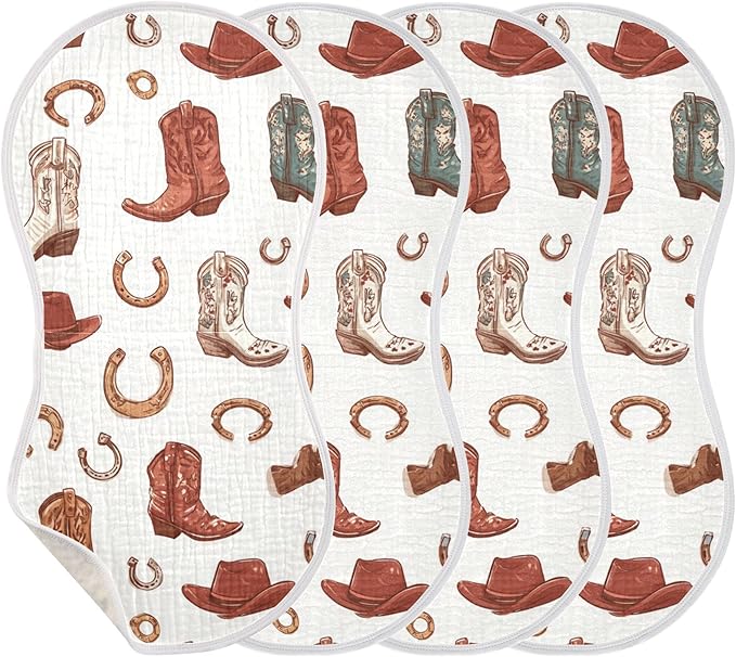 Western Cowboy Boots Cute Burp Cloths Baby Boys Girls Absorbent Soft Cotton Burping Cloths Rags 4 Pack