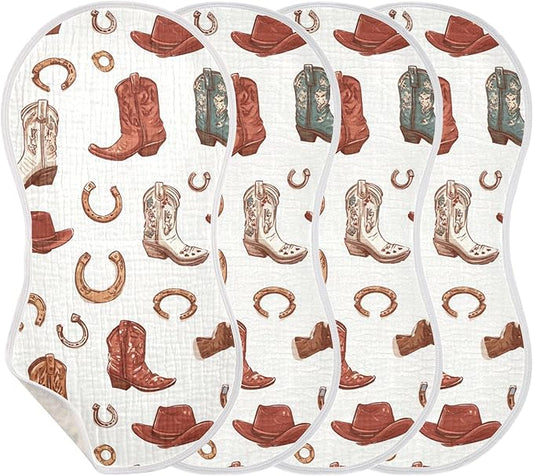 Western Cowboy Boots Cute Burp Cloths Baby Boys Girls Absorbent Soft Cotton Burping Cloths Rags 4 Pack