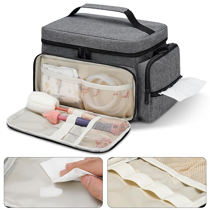 Breast Pump Bag Fit for Spectra S1 and S2, Pumping Bag with Waterproof Mat for Pump Accessories, Portable Pump Carrying Case for Work, Travel and Family Use, Grey
