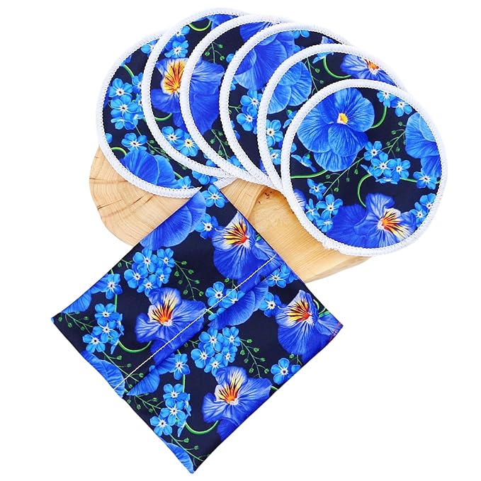 Reusable Nursing Pads with Heart Pattern, White and Black, Washable Breastfeeding Pads with 1 Pouch (6+1blueflower)