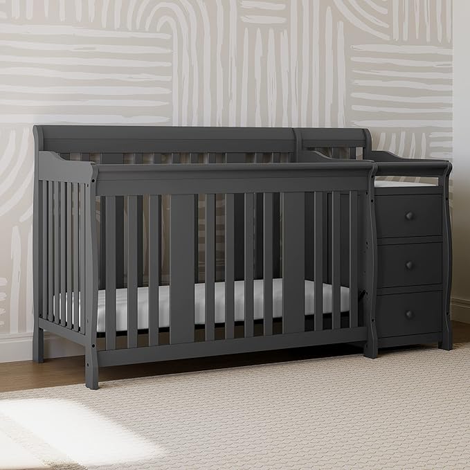 Storkcraft Portofino 5-in-1 Convertible Crib and Changer – Crib and Changing Table Combo with Drawer, Converts to Toddler Bed, Daybed and Full-Size Bed, Storage Drawer (Gray)