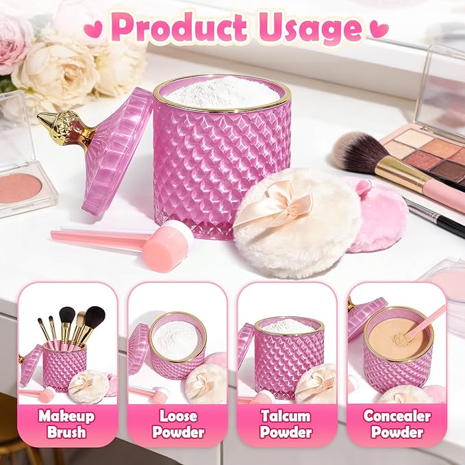 5 Pcs Body Powder Puff Set, 21oz Pink Glass Powder Container with Lid, Soft Powder Puffs & Spoons, Washable Refillable Dusting Jar for Body Powder, Talcum, Makeup