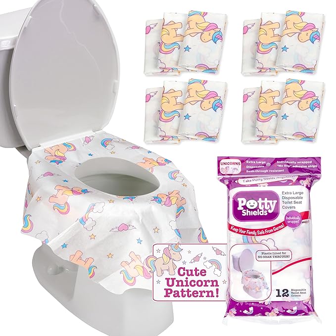 Potty Shields Toilet Seat Covers Disposable (12 pk, Unicorns) - XL Waterproof Toilet Cover for Toddlers, Kids & Adults - Portable & Individually Wrapped for Travel, Potty Training, Public Restrooms