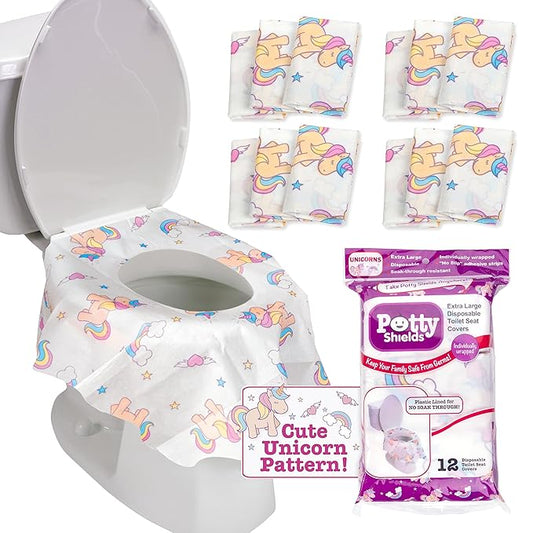 Potty Shields Toilet Seat Covers Disposable (12 pk, Unicorns) - XL Waterproof Toilet Cover for Toddlers, Kids & Adults - Portable & Individually Wrapped for Travel, Potty Training, Public Restrooms