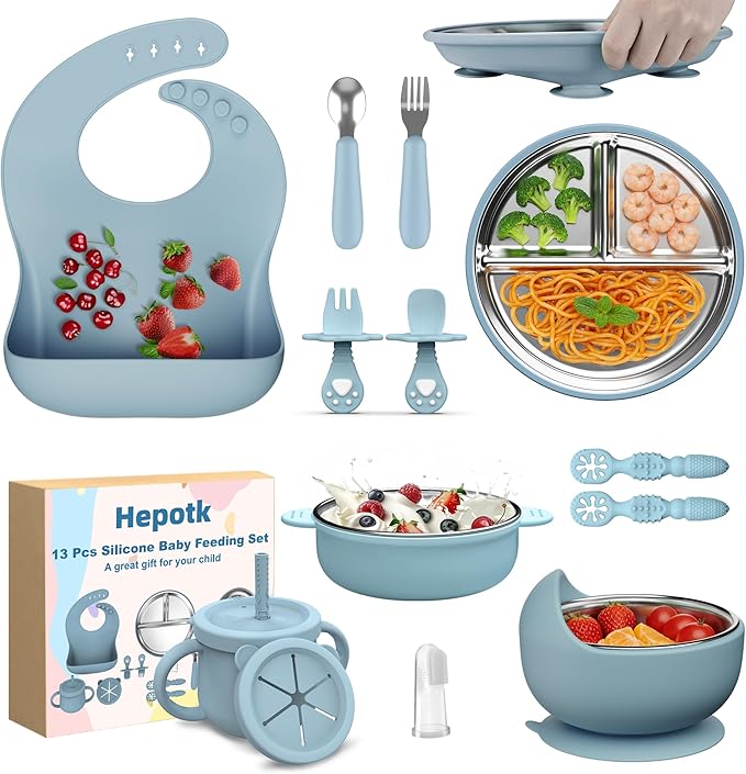 13 Pack Silicone Baby Feeding Set, BPA-Free Stainless Steel Toddler Feeding Supplies, Include Suction Plates, Baby Bowls, Silicone Fork & Spoon, and More, First Stage Baby Dish Set - 6+ Months