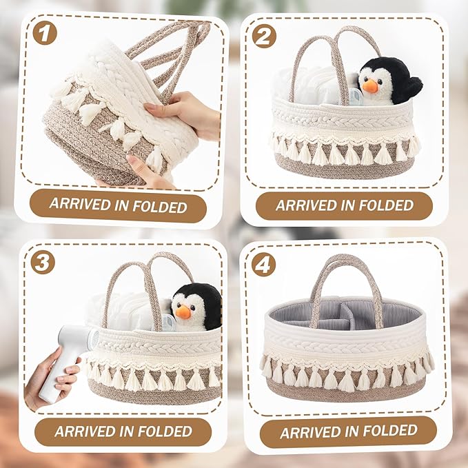 Macrame Diaper Caddy Organizer Cotton Rope Basket Boho Nursery Decor Cute Woven Tassel Portable Diaper Organizer for Changing Table Baby Shower Gifts for Newborn Essentials