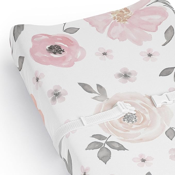 Sweet Jojo Designs Baby Changing Pad Cover Sheet (Pink/Grey Boho Floral) for Girls, Infant/Newborn Diaper Table Change Mat Covers (Blush, Rose, Gray, Flower, Bohemian, Farmhouse, Wildflower, Elegant)