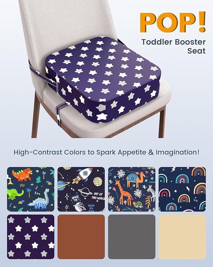 Toddler Booster Seat for Dining Table and Kitchen Chair – Adjustable Safety Straps, Non-Slip, Easy to Clean, Portable Travel Foam Booster Cushion Seat for Kids & Toddlers (Purple-Star)