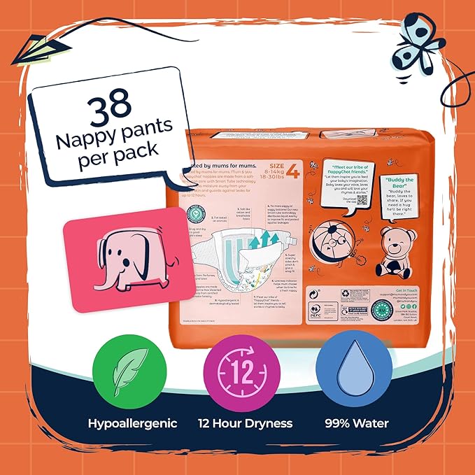 M&Y Nappychat Premium Performance Eco Diapers, Size 4 (38 Diapers) Smart Tube Technology. Leak Protection. 100% Recyclable. Hypoallergenic, Dermatologically-Tested No Lotion, Perfume or Dyes