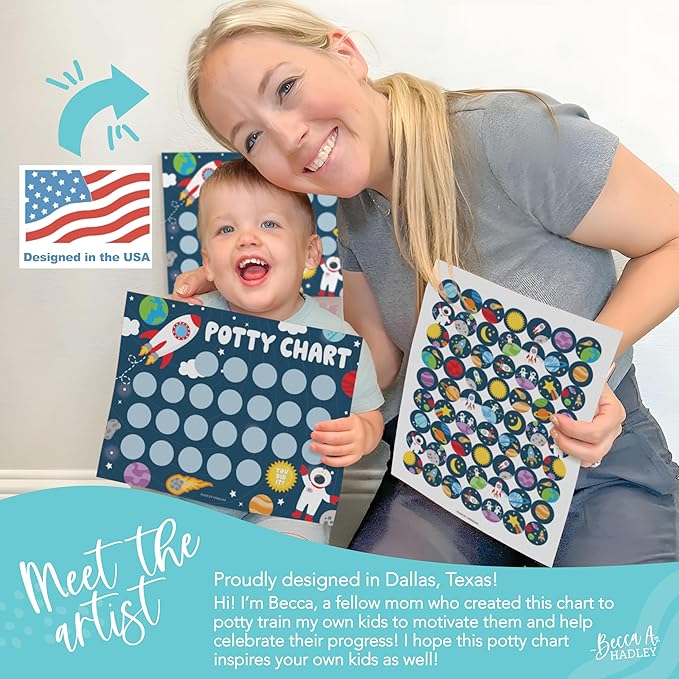 Hadley Designs Potty Training Chart for Toddlers Boys -10 Sticker Potty Chart for Toddlers Boys, 8.5x11" Potty Training Sticker Charts for Toilet Success, Space Toddler Reward Chart for Kids