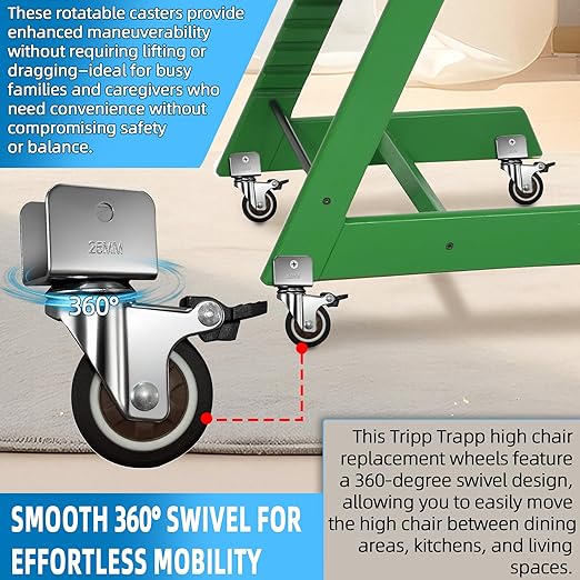4-Pack 360° Rotation Metal Baby Highchair Wheels Compatible with Stokke Tripp Trapp High Chair, 2-Inch Silent Casters with Steel Brackets and 8-Pcs Screws, Wheels for Tripp Trapp Highchair