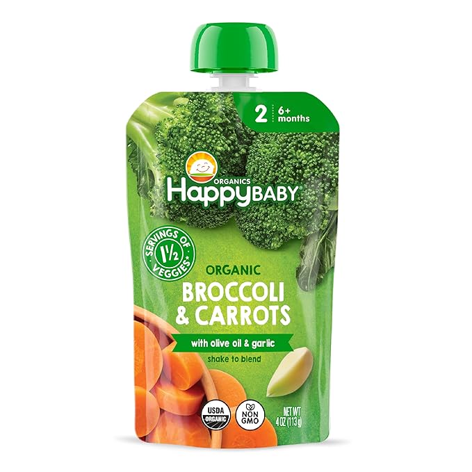 Happy Baby Organics Savory Blends Stage 2 Baby Food, Broccoli & Carrots with Olive Oil + Garlic, 4 Ounce Pouch (Pack of 16)
