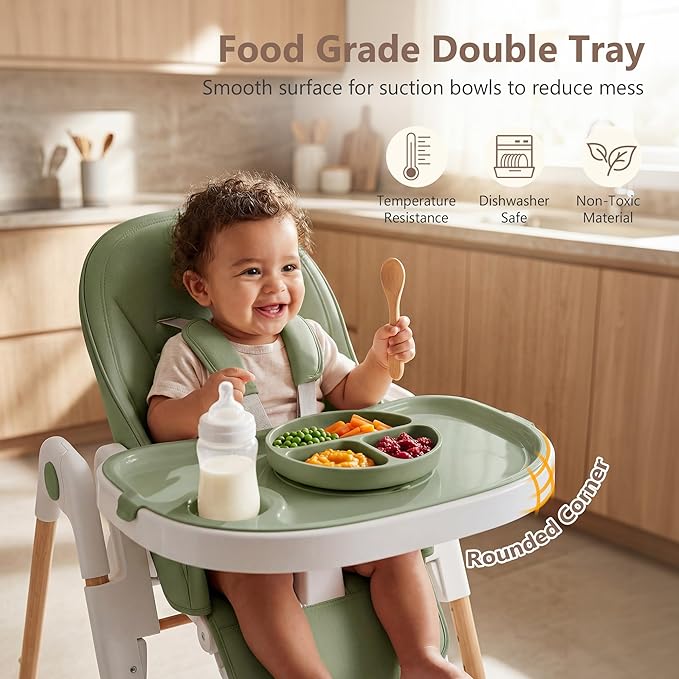 Kinder King Convertible High Chair for Babies & Toddlers, Adjustable Baby Feeding High Chair with Removable Double Tray, Simple Compact Fold for Space-Saving, 2 Built-in Wheels, Easy to Clean