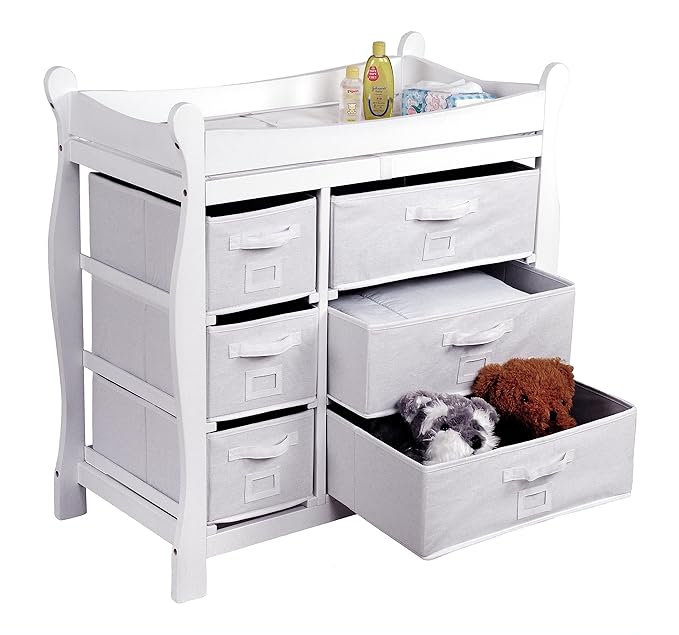 Badger Basket Sleigh Style Baby Changing Table with 6 Storage Drawers and Pad - White