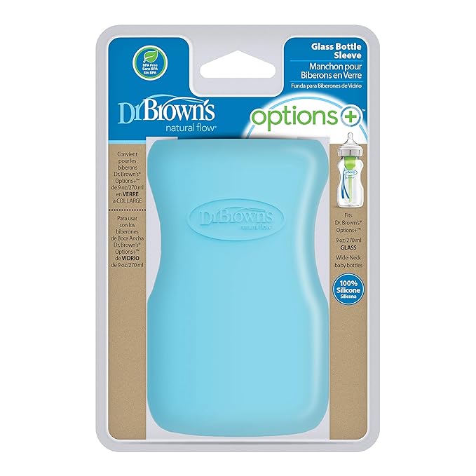 Dr. Brown's Options+ Wide-Neck Glass Bottle Sleeve, 100% Silicone, Blue, BPA-Free, 9 oz, 1-Pack