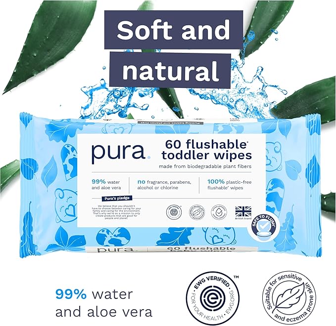 Pura Flushable Toddler Wipes 1 x 60 Wipes, 100% Plastic Free, 99% Water, Hypoallergenic & Fragrance Free, Totally Chlorine Free, Kids Toilet Wipes, Sensitive Skin