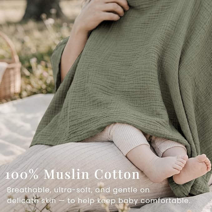 Konssy Muslin Nursing Cover for Breastfeeding, 360° Full Privacy Breathable 100% Cotton Breastfeeding Cover, Multi-use Carseat Canopy(Fog Green)