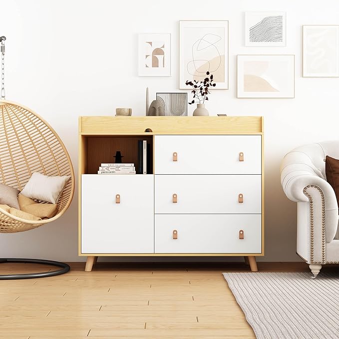 Changing Table Dresser, Baby Nursery Dresser with 3 Drawers and Shelf, Top Guardrail and Large Storage Cabinet, Hidden Trash Storage, Baby Changing Dressers for Nursery Room, White + Natural