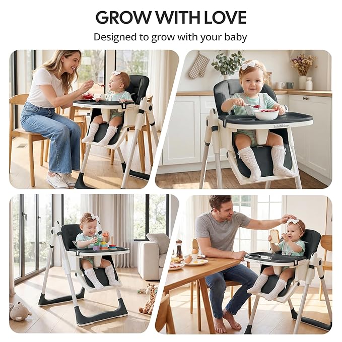 Sunchild 3-in-1 Baby High Chair with Wheels, 5-Point Harness, Tray, Footrest, and Backrest, Foldable and Adjustable for Toddlers 6-36 Months, Black