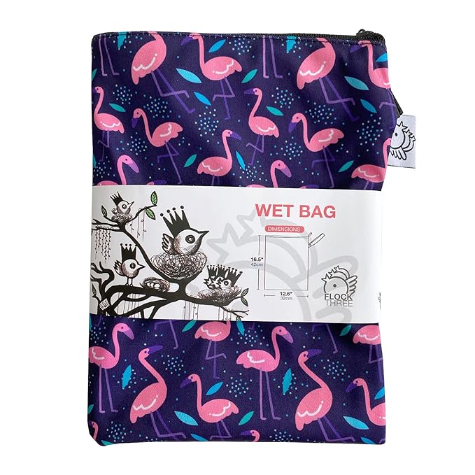 FLOCK THREE Washable and Reusable Wet Bag Diaper Bag Water Resistant Swimming Bag Travel Toiletries Pouch Flamingos Birds Zippered 12.6'' x 16.5''