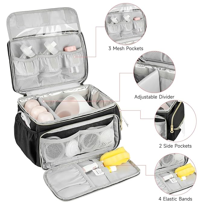 Breast Pump Bag Compatible with Spectra S1 and S2 with Insulated Compartment,Breast Pump Storage Bag with Water Resistant Mat for Pumping Essentials,Black,Bag Only