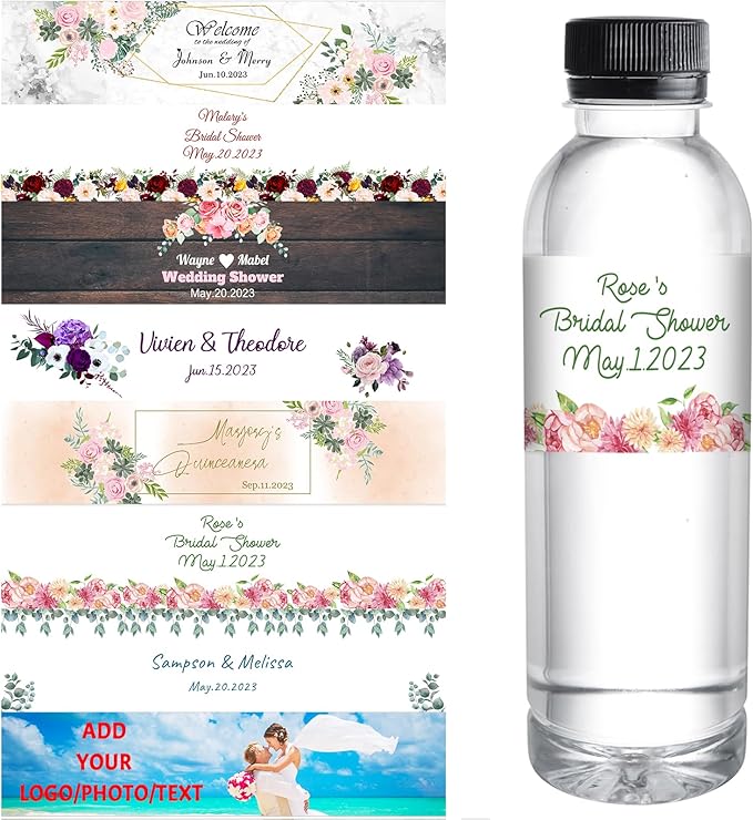 Personalized Water Bottle Labels for Wedding Custom Wedding Labels with Name for Water Bottle Stickers Waterproof Printable Photo Bottle Labels Bridal Shower Gifts 50 Pcs